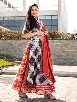 Red & Blue Checks Printed Lehenga Choli With Solid Dupatta