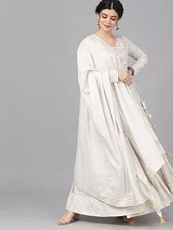 Cream & Gold Printed Lehenga With Choli & Dupatta