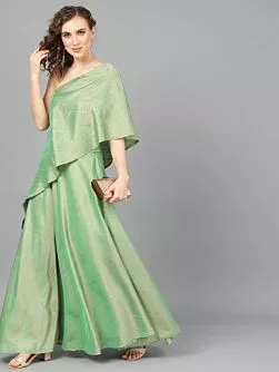Green Dobby Design Lehenga With Cape Blouse