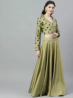 Green Flock Printed Lehenga Choli Set