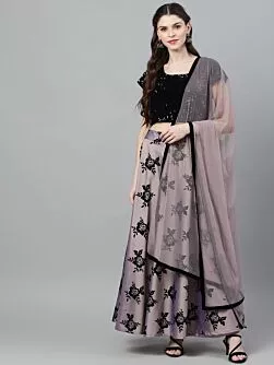 Purple & Black Flock Printed Lehenga Choli With Net Dupatta