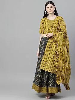 Mustard & Grey Printed Lehenga Choli Set