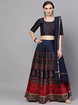 Navy Blue & Red Digital Print Lehenga Choli With Solid Dupatta