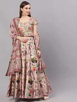 Peach & Red Floral Digital Print Lehenga Choli With Dupatta