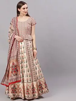 Cream & Red Floral Digital Print Lehenga Choli With Dupatta