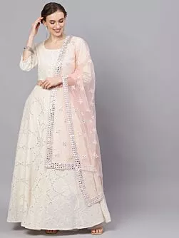 White Mirror Work Lehenga Choli With Net Dupatta