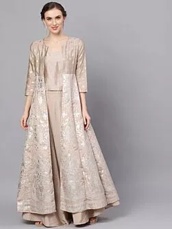 Beige & Silver Printed Jacket With Solid Lehenga Choli