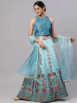 Teal & Maroon Digital Print Zari Work Lehenga Choli With Net Dupatta