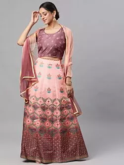 Coffee Brown & Peach Digital Print Zari Work Lehenga Choli With Net Dupatta
