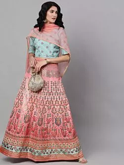 Peach Digital Print Zari Work Lehenga Choli With Organza Dupatta