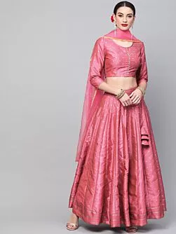 Pink Self Designed Kali Lehenga With Choli And Dupatta