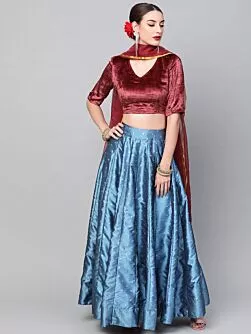 Blue Self Designed Kali Lehenga With Velvet Blouse And Dupatta