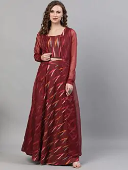 Maroon Ikat Handloom Woven Design Lehenga Choli With Organza Jacket