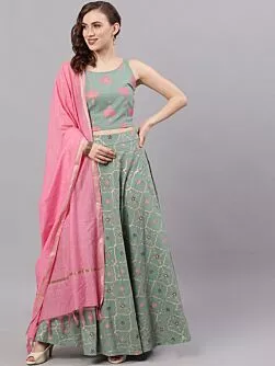 Green & Pink Gold Printed Lehenga Choli With Solid Dupatta