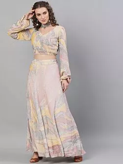 Peach & Grey Marble Printed Lehenga Choli Set