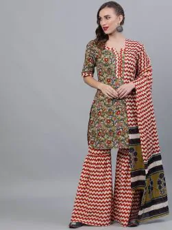 Green Kalamkari Floral Printed Kurta With Zig-Zag Sharara & Dupatta Set