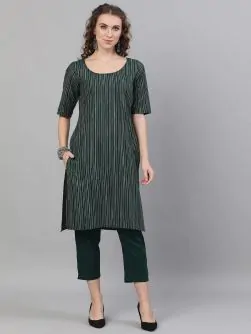 Green Striped Woven Design Straight Kurta With Capri Set