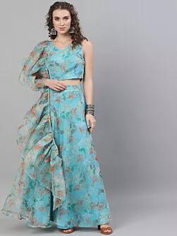 Turquoise Blue Organza Floral Printed Lehenga Choli With Dupatta