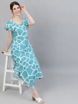 Blue & White Animal Printed Kurta Set