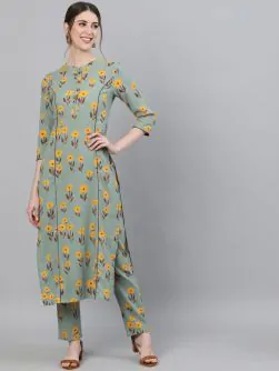 Green & Yellow Floral Printed Kurta Set
