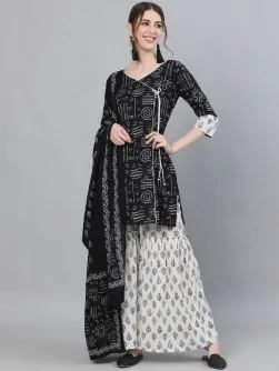 Black & White Printed Kurta With Sharara & Dupatta Set