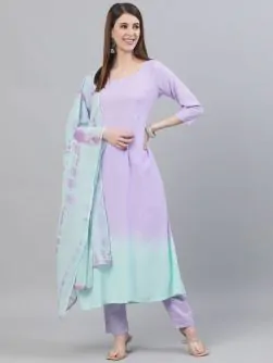 Lavender & Turquoise Blue Ombre Printed A-Line Kurta With Pant & Dupatta Set