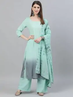 Green & Grey Ombre Printed A-Line Kurta With Pant & Dupatta Set
