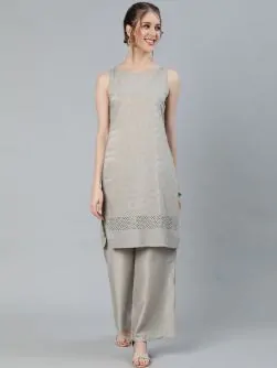 Grey Schiffli Design Straight Kurta Palazzo Set