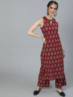 Maroon Floral Printed Straight Kurta With Palazzo Set