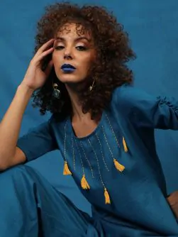 Royal Blue Solid Kurta Set With White Thread Work At Yoke Details