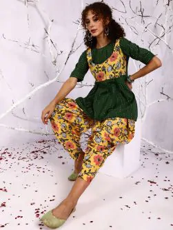Yellow & Green Floral Printed Kurta With Dhoti Pant Set