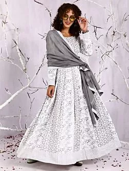 White & Grey Floral Printed Lehenga Choli With Dupatta