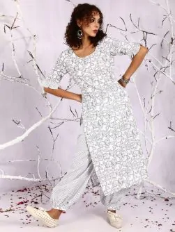White & Grey Floral Printed Straight Kurta With Balloon Palazzo Set