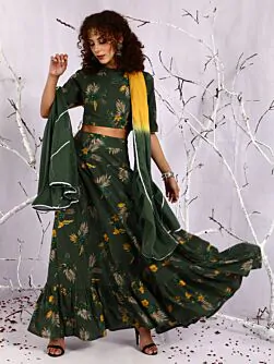 Green & Yellow Floral Printed Lehenga Choli With Tie & Dye Dupatta Set