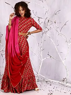 Red & Pink Gold Printed Lehenga Choli With Tie & Dye Dupatta Set