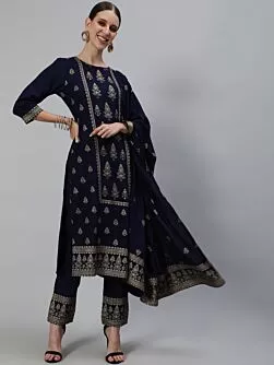 Navy Blue Gold Printed Straight Kurta & Pant With Dupatta Set