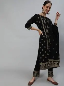 Black Gold Printed Straight Kurta & Pant With Dupatta Set