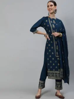 Blue Gold Printed Straight Kurta With Pant & Dupatta Set