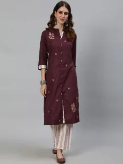 Burgundy Embroidered Straight Kurta With Printed Pant Set