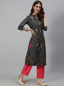Grey Embroidered Straight Kurta With Solid Pant Set
