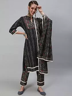 Black Floral Printed Kurtas Pant With Dupatta Set