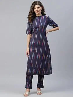 Blue Ikat Woven Design Straight Kurta With Pant Set