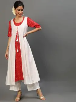 White & Red Check Zari Work Kurta With Palazzo & Jacket Set