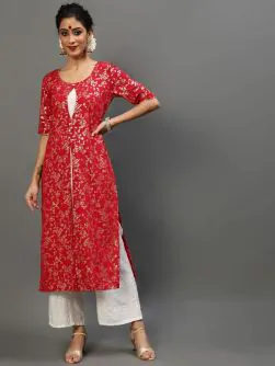 Red & White Gold Printed Layered Kurta With Palazzo Set