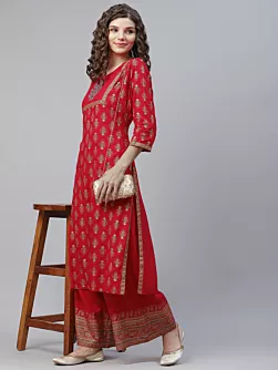 Red Gold Print Kurta With Palazzo