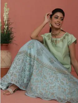 Pastle Blue & Green Block Printed Lehenga Choli