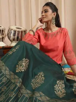 Green & Coral Block Printed Lehenga Choli