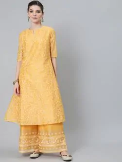 Yellow & White Block Printed A-Line Kurta With Palazzo Set