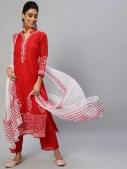 Red & White Block Printed Kurta Set With Dupatta