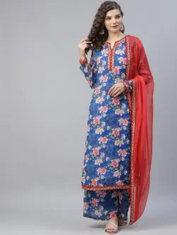 Blue & Red Floral Printed Straight Kurta & Palazzo With Dupatta